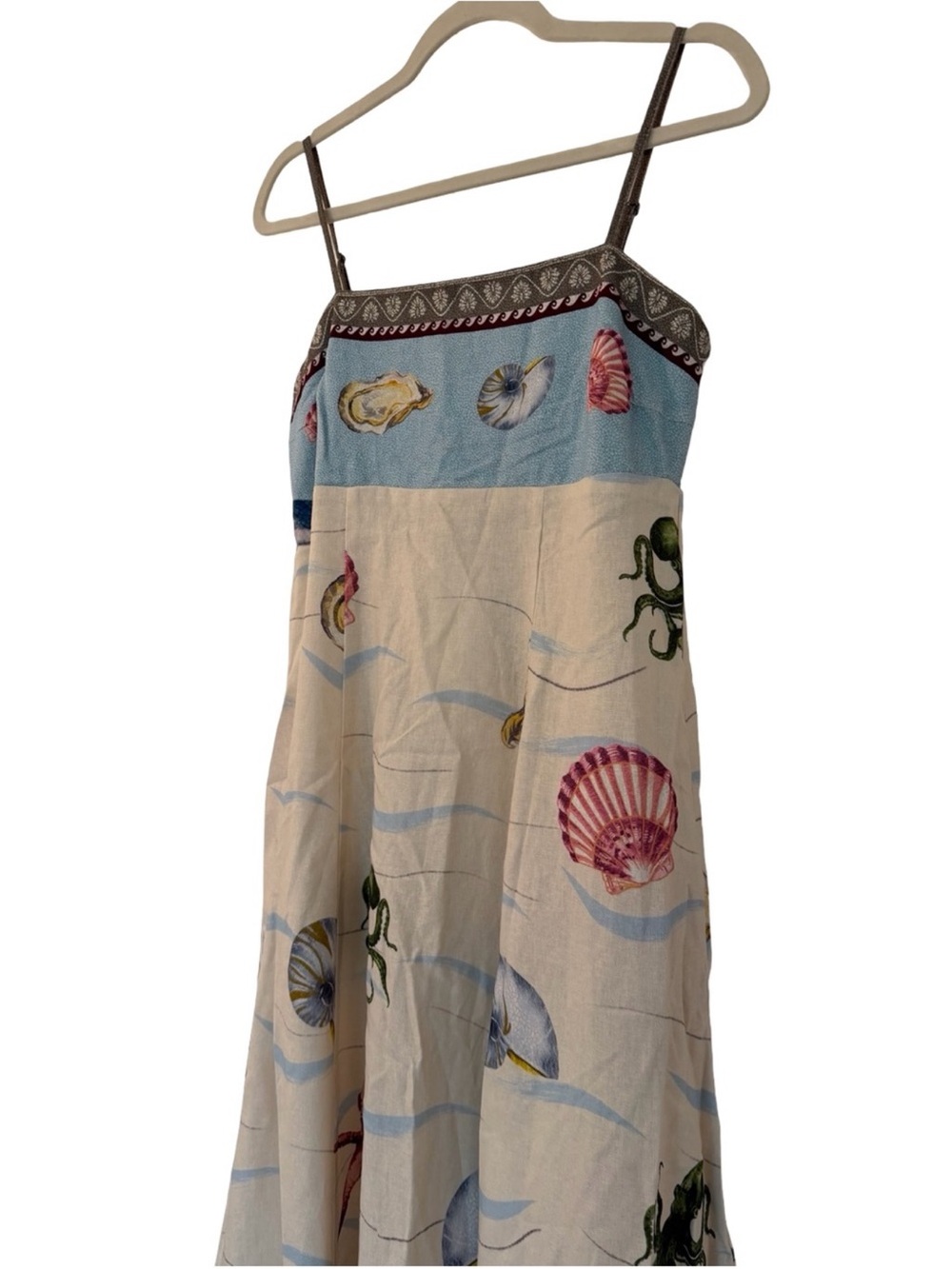 Caroline Constas Ocean Coastal Seashell Linen Maxi Dress Blue Cream NWT - Picture 5 of 11